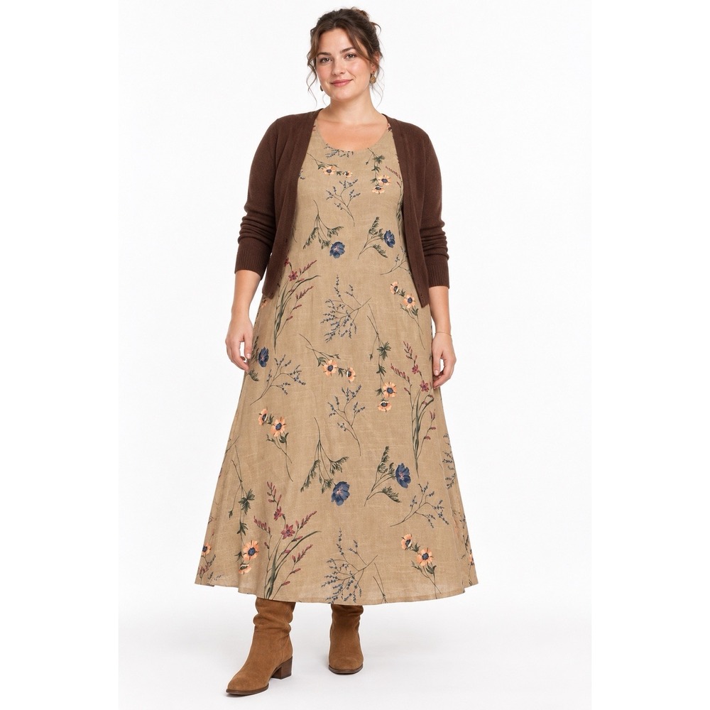 Vintage 1990s Talbots Dress 14 Tan Floral Maxi Tencel Rayon USA Cottagecore Boho